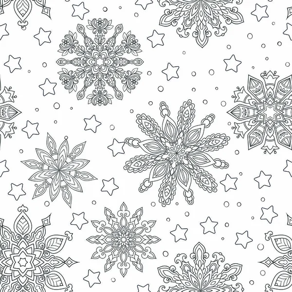 Winter Christmas graphic pattern witn detailed and beautiful snowflakes. Hand-drawn for adult and kids coloring book. Black and white. — Stock Vector