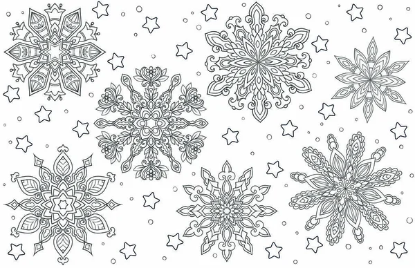Nyår och jul tema. Svartvit grafisk doodle hand dras skiss för vuxen målarbok. Etniska mönster snöflingor. Vektorgrafik