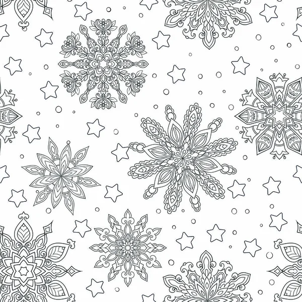 Winter Christmas graphic pattern witn detailed and beautiful snowflakes. Hand-drawn for adult and kids coloring book. Black and white. Vector Graphics