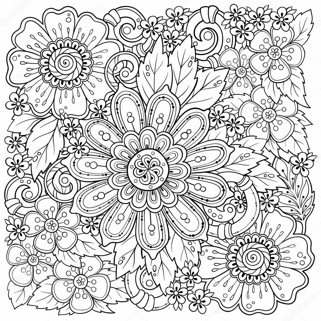 Ethnic floral zentangle, doodle background pattern in vector. Henna paisley mehndi tribal design element. Black and white pattern for coloring book for adults and kids.