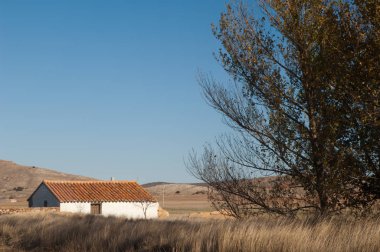 Ev ve ağaç. Gallocanta Gölü. Aragon. İspanya.