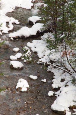 Pireneler 'deki karla kaplı kıyılarıyla Sia Nehri.