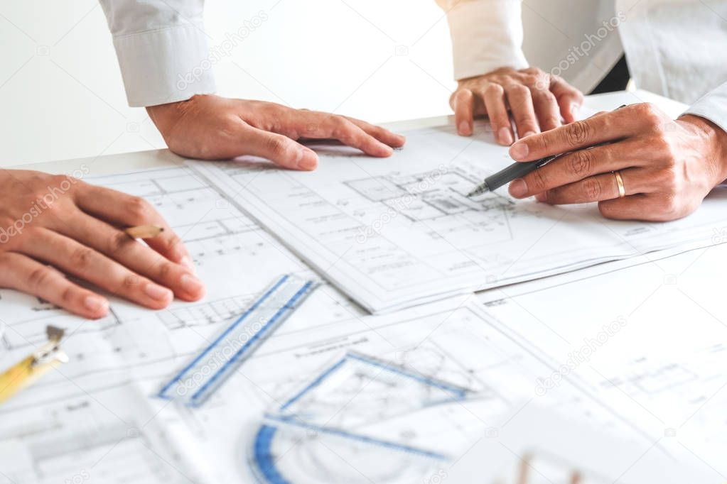 Team Engineer drawing graphic planning and meeting for architect