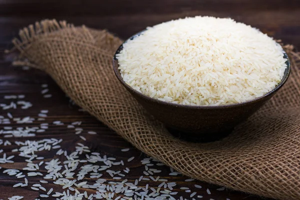 Arroz Branco Tigela Mesa Madeira — Fotografia de Stock