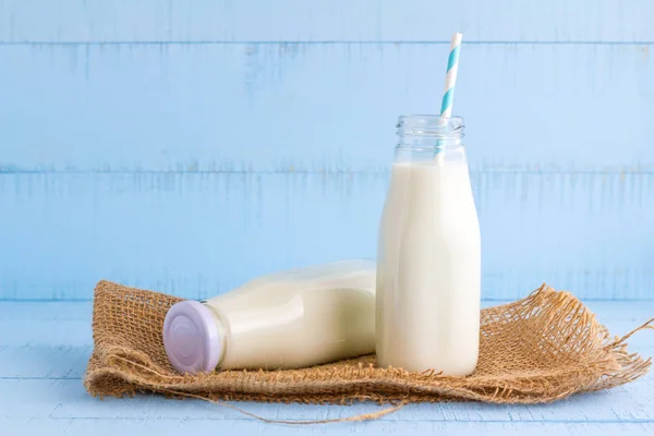 Bottle Milk Blue Wooden Background — Stock Photo, Image