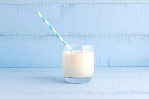Glass Milk Blue Wooden Background — Stock Photo, Image