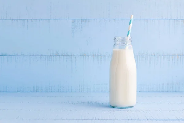 Bottle Milk Blue Wooden Background — Stock Photo, Image