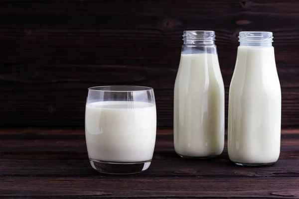 Glass Bottle Milk Wooden Background — Stock Photo, Image