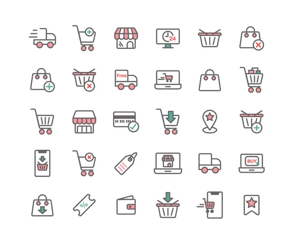 Conjunto de iconos de esquema lleno de compras en línea. Vector e ilustración — Archivo Imágenes Vectoriales