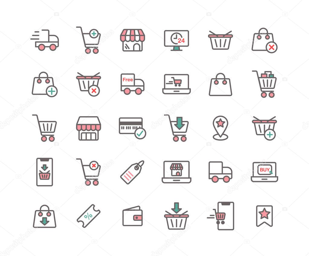 Online Shopping filled outline icon set. Vector and Illustration