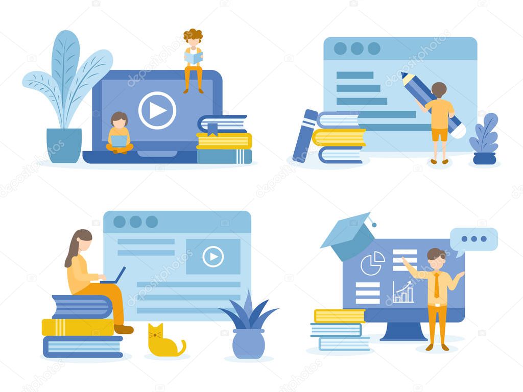 Student reading and learning online courses. Man training online courses. Concept Illustration of education for training, studying, e-learning, and online course.