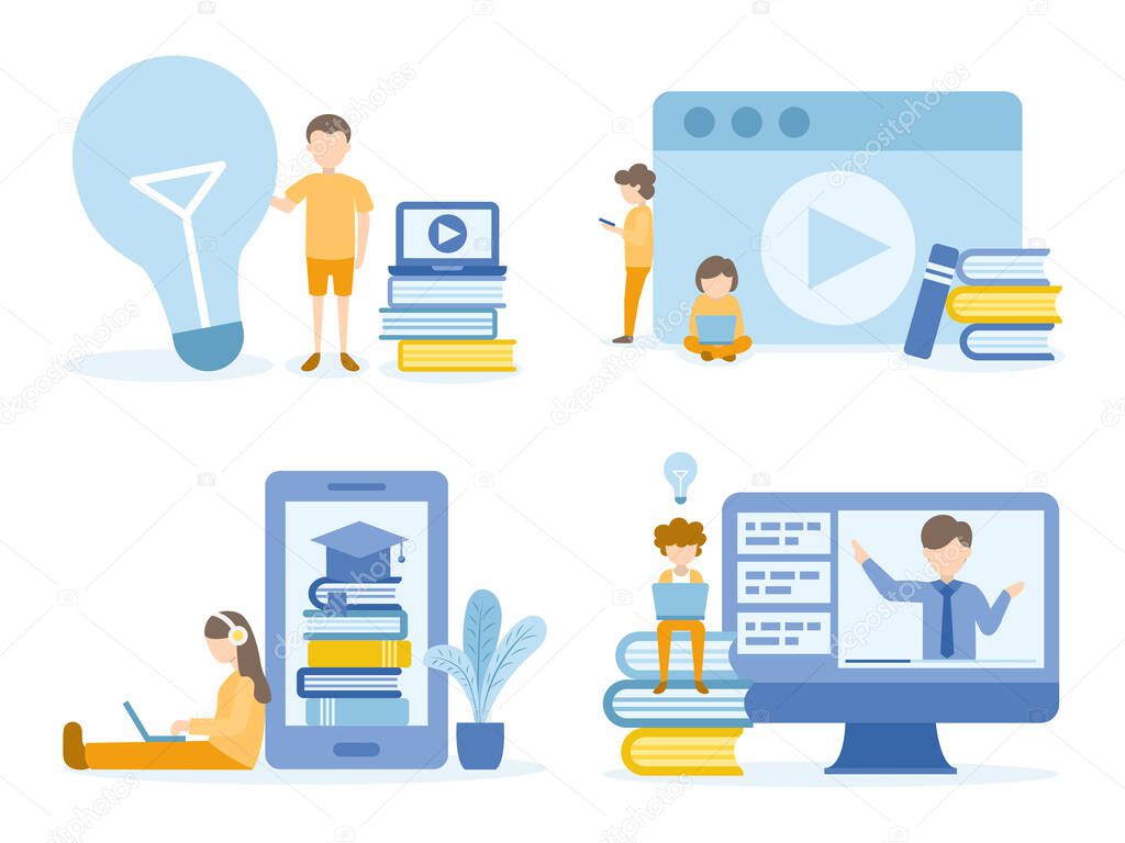 Student learning online courses. Concept Illustration of education for training, studying, e-learning, and online course.