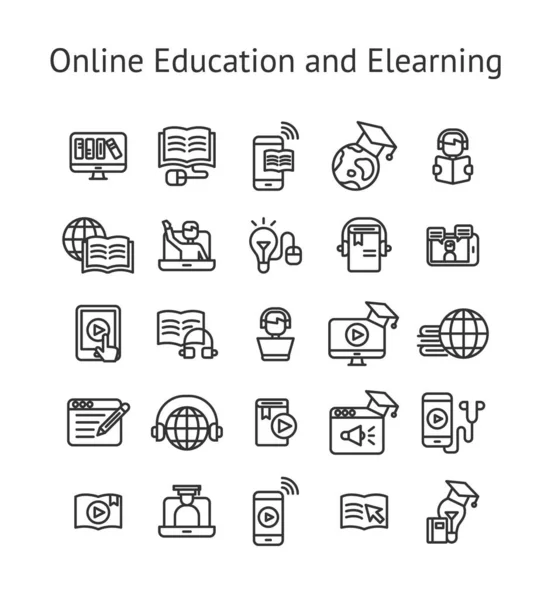 Conjunto Iconos Esquema Educación Aprendizaje Electrónico — Vector de stock