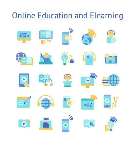 Set Icone Piatte Istruzione Apprendimento Online — Vettoriale Stock