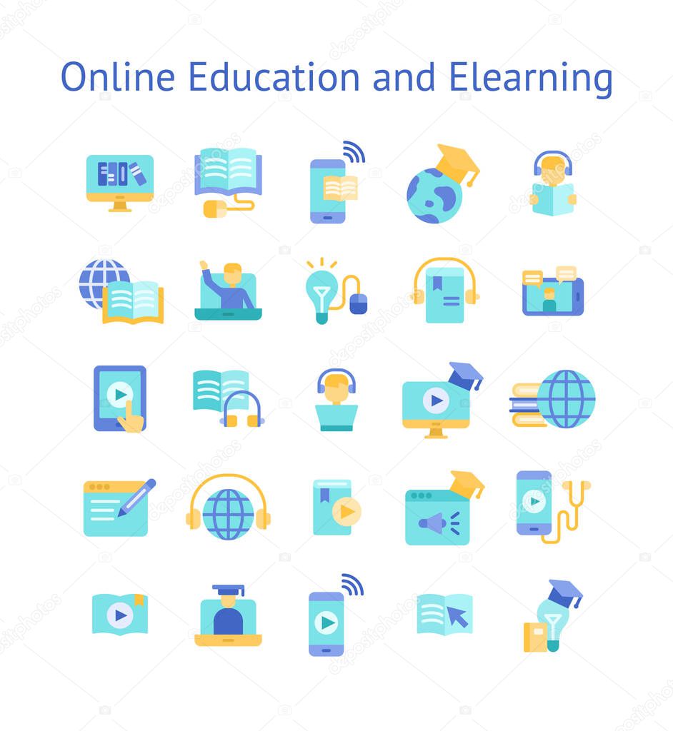 Online Education and Elearning flat icon set.