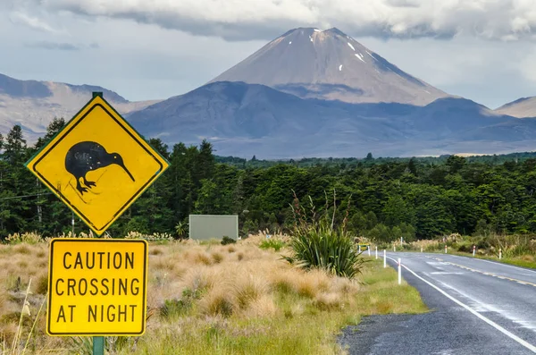 View of Mount Ngauruhoe - Mount Doom from road in Tongariro National Park with kiwi caution crossing at night sign in the foreground and clouds above — Stock Photo, Image