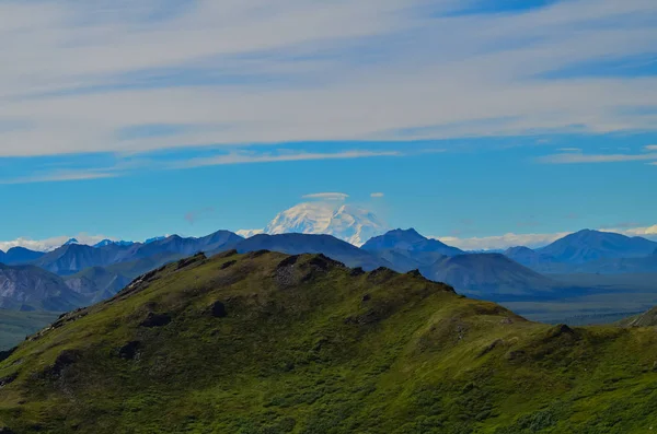 Vzdálený pohled na vrchol Mount Denali MT McKinley z pěší stezky na hoře Healy s modrou oblohou s bílými mraky nahoře. Národní park Denali — Stock fotografie