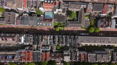 Amsterdam Hollanda 'nın yukarıdan görünüşü göz kamaştırıcı canlı çatılar ve kentsel alanlarda yemyeşil alanlar gösteriyor. Şehir aşıkları için ideal şehir yaşamının güzelliğini vurguluyor.