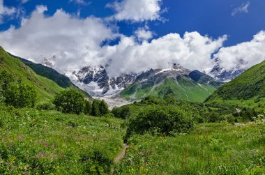 Georgia, Svaneti, Ushguli 'den Shkhara Buzulu 'na yolculuk. Vadi güzel görünümü, çok renkli, Doğa ve seyahat.