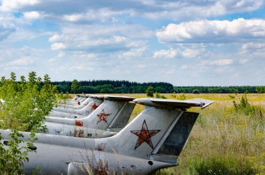 Volchansk, Ukrayna - 8 Ağustos 2020: Eski Antonov An-2 uçağı Vovchansk, Harkov bölgesindeki terk edilmiş hava üssü mezarlığında,