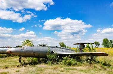 Volchansk, Ukrayna - 8 Ağustos 2020: Eski Antonov An-2 uçağı Vovchansk, Harkov bölgesindeki terk edilmiş hava üssü mezarlığında,