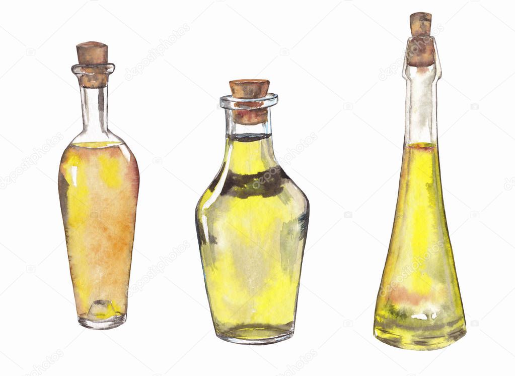 Oil in glass bottles.