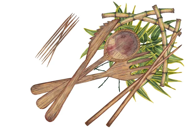 Composição de utensílios de mesa de bambu . — Fotografia de Stock