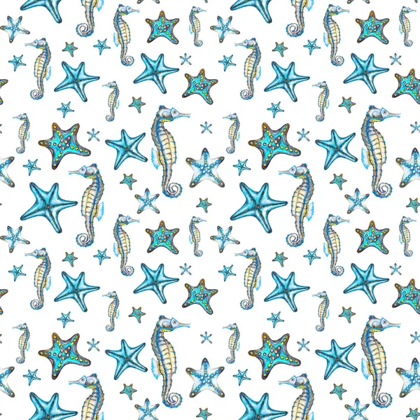 Bezešvé vzory s mořskými hvězdami a mořskými koňmi. — Stock fotografie