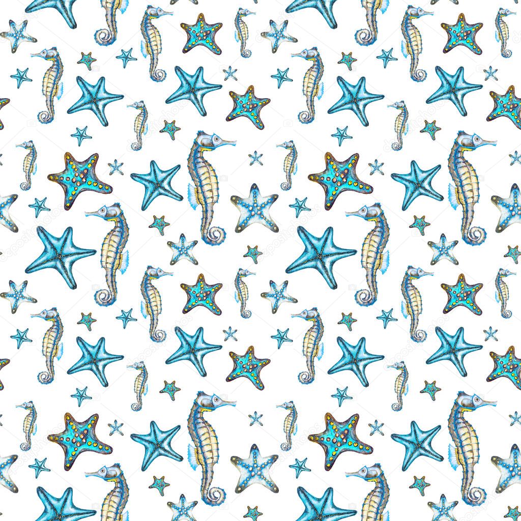 Seamless pattern with sea stars and seahorses.