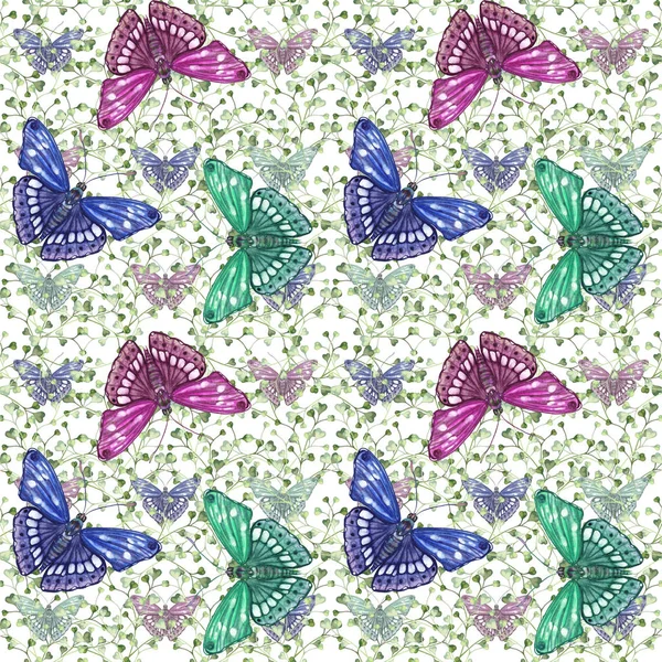 Summer seamless pattern with green grass and butterflies. — Stock Photo, Image