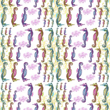 Renkli deniz atları ve yosun ile dikişsiz desen.