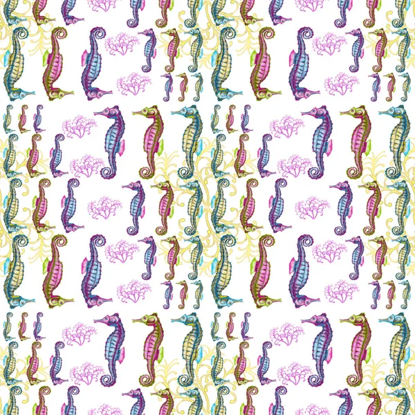 Bezešvé vzory s pestrobarevné mořské koně a řasy. — Stock fotografie