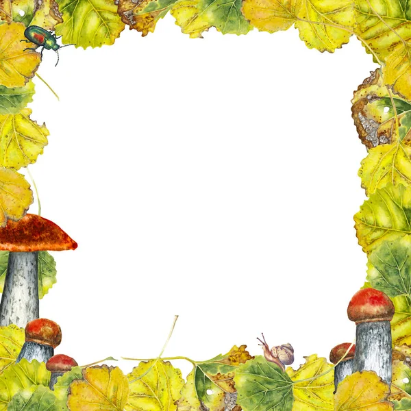 Rahmen aus realistischen Herbstaspenblättern und Pilzen. — Stockfoto
