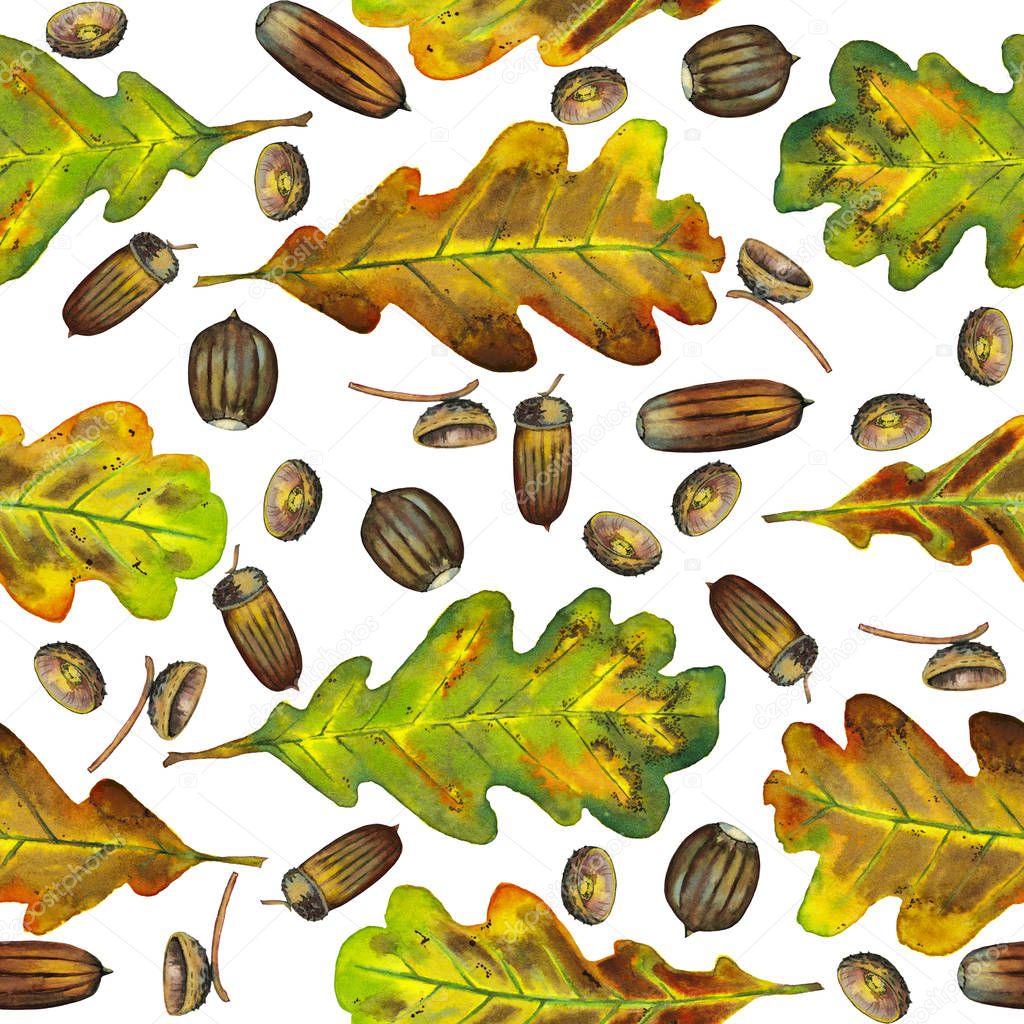 Seamless pattern of realistic autumn oak leaves and acorns.