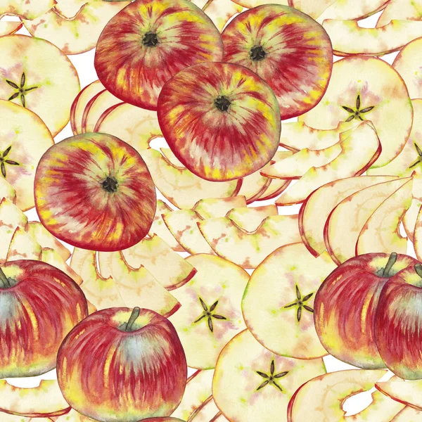 Seamless pattern of red apples and slices.