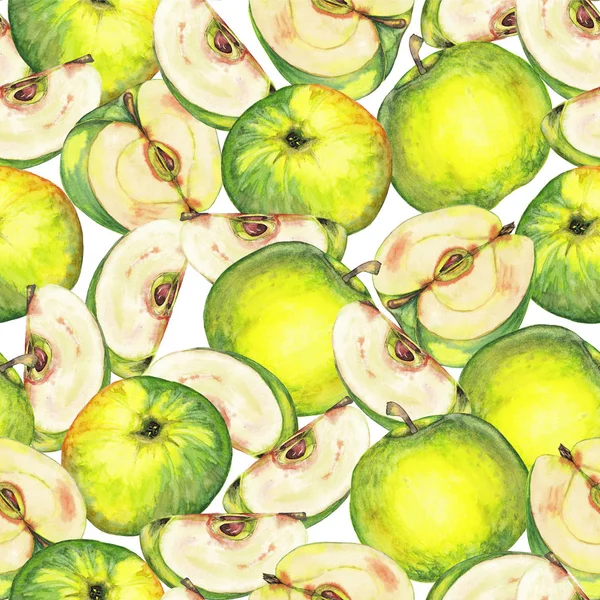 Seamless pattern of green apples and slices.