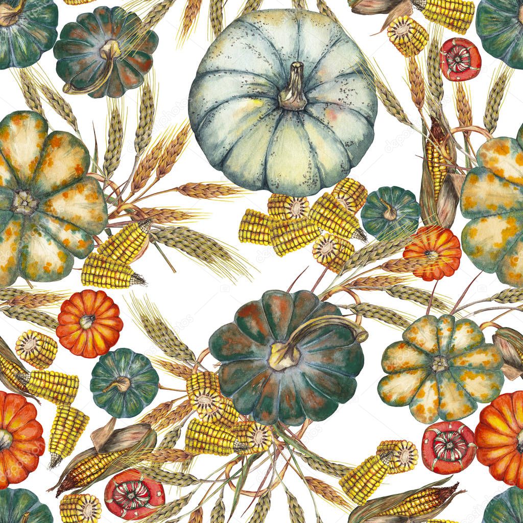 Seamless pattern of pumpkins, wheat and corn.