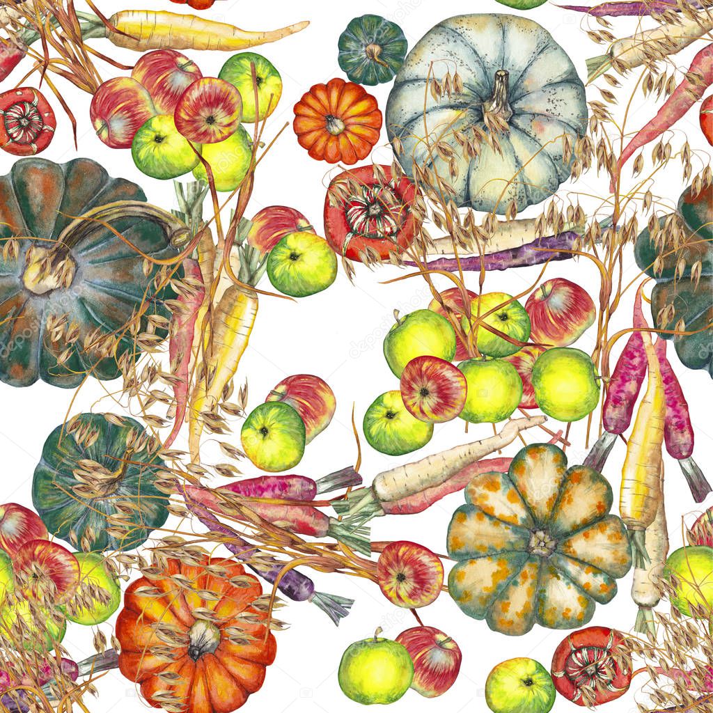 Seamless pattern of pumpkins, apples and carrot.
