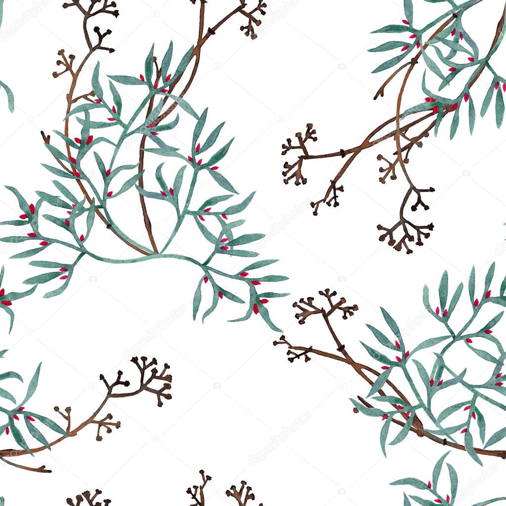 Seamless pattern of dry branches and moss.