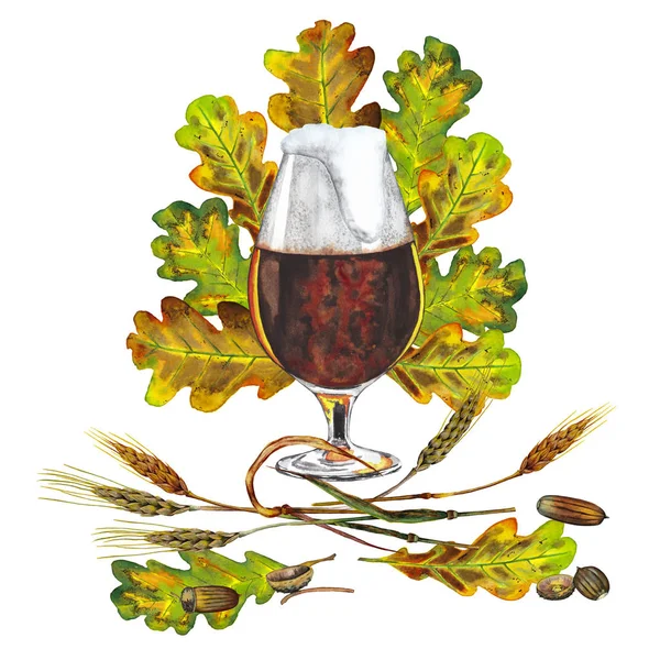 Grande copo de cerveja escura com folhas de outono e trigo . — Fotografia de Stock