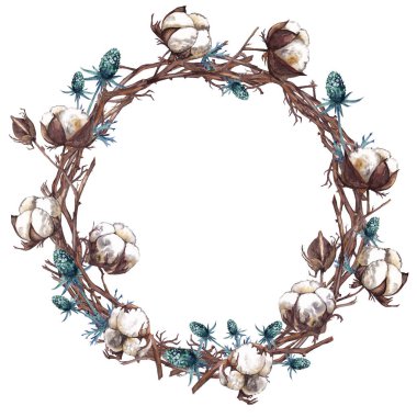 Suluboya el beyaz arka plan üzerinde öğeleri boyalı. Pamuk dalları ve kuru devedikeni Romantik çelenk. Zarif tatil mevsimlik dekorasyon, etiket, sanat afiş, Yılbaşı ve Noel kartı. 