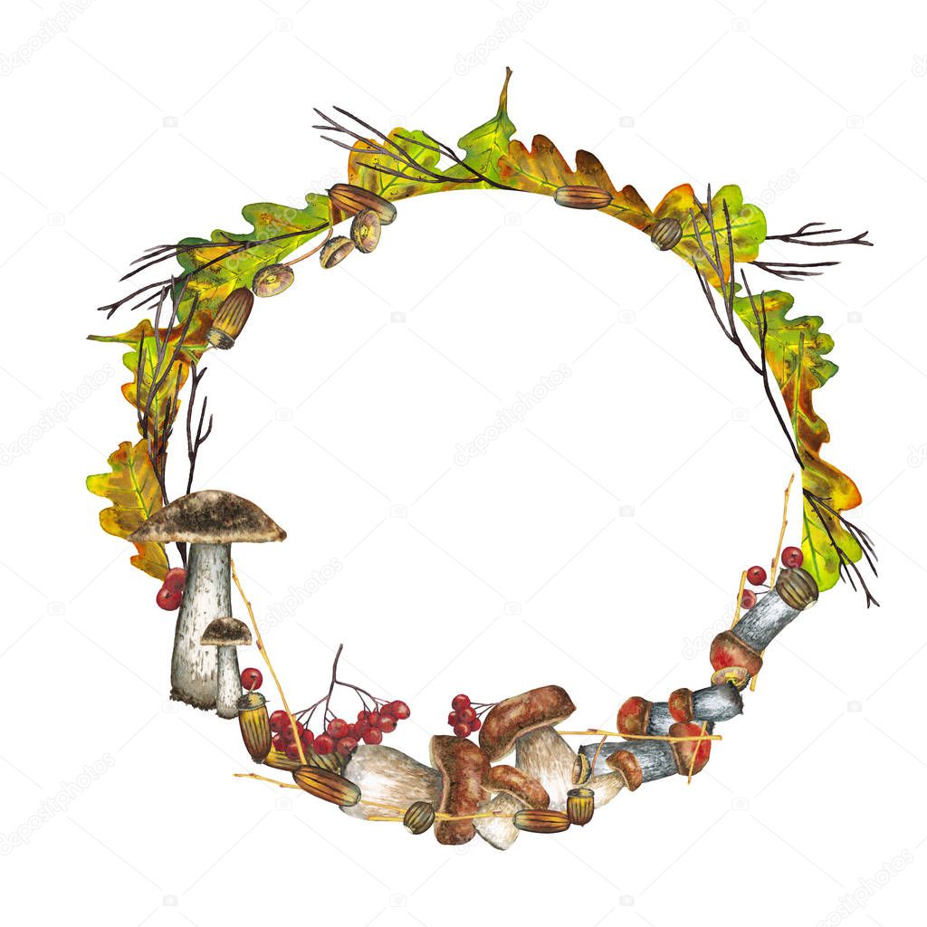 Colorful, realistic autumn round frame of different natural forest elements. Oak leaves, rowan berries, boletus mushrooms and dry branches. Watercolor hand painted elements on white background.