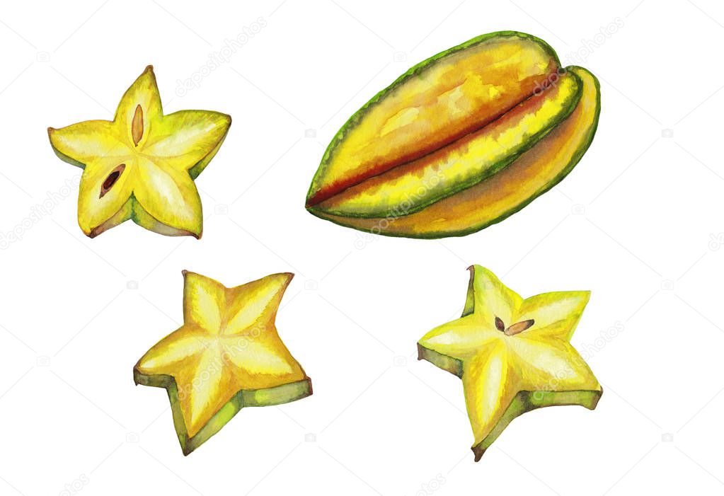 Realistic colorful ripe carambola with slices. Watercolor hand painted isolated elements on white background. Exotic tropical fresh fruit, food and cocktail decor. Natural starfruit.
