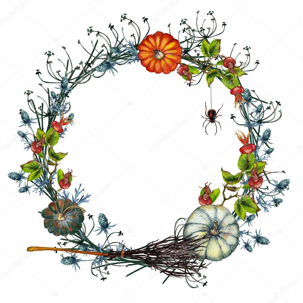 Colorful Halloween wreath. Woven Thistle with dry inflorescences of meadow grasses, pumpkins, wild roses berries, rustic broom and black spider. Watercolor hand painted elements on white background.