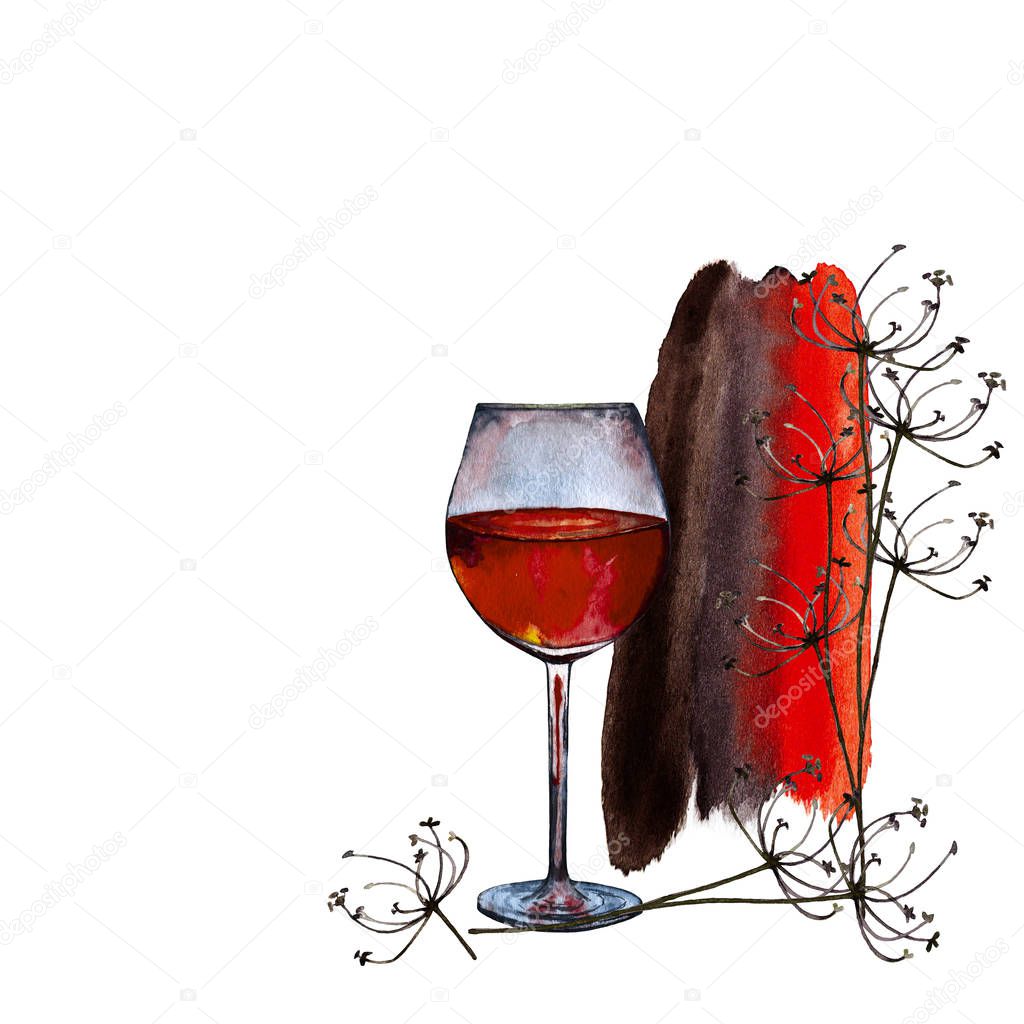 Colorful composition of red wine glass and dry spicy herbs on the bright wine colors backdrop. Watercolor hand painted elements isolated on white background. Menu, wine card, bar poster, sticker.