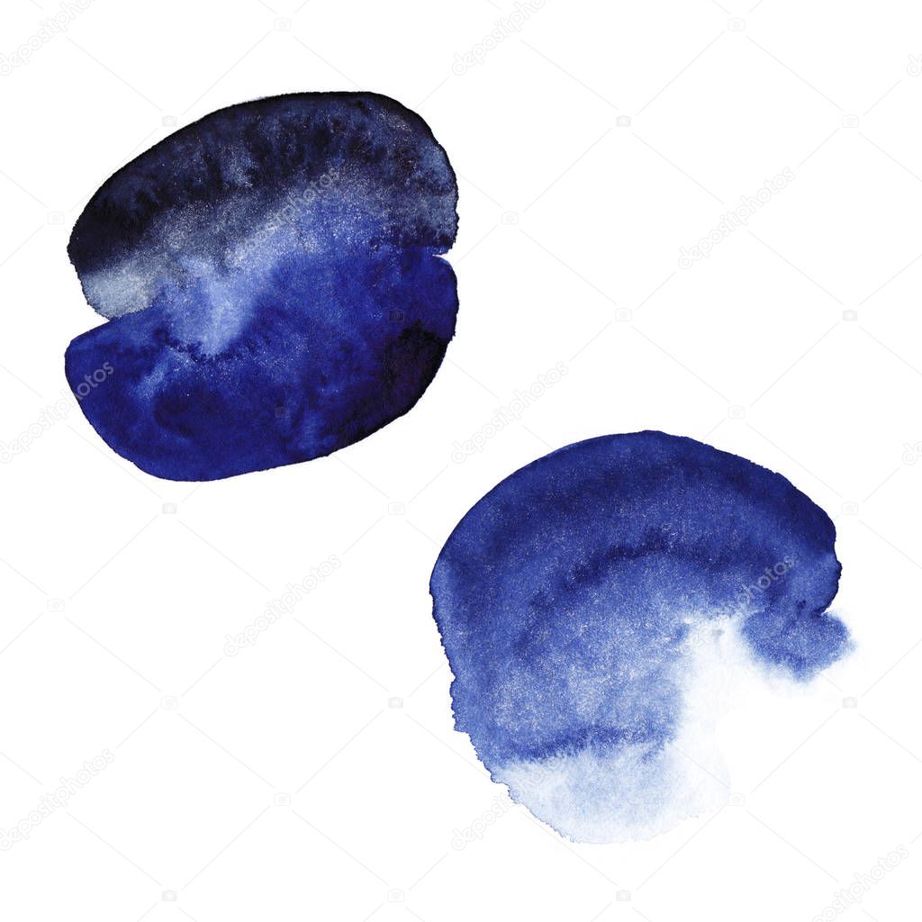 Two colorful abstract watercolor spots in round form and dark blue colors.  Isolated elements on white background. Christmas or New Year background, artistic card, night and frozen abstraction. 