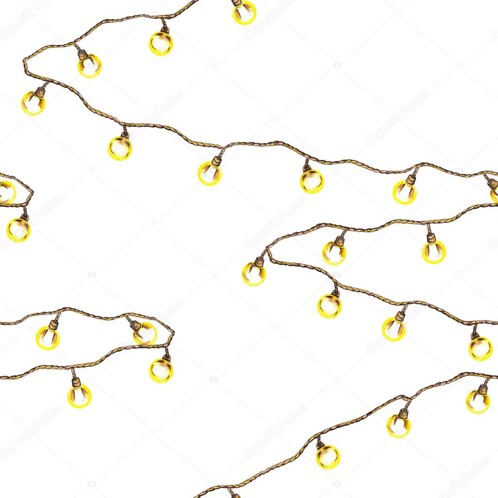 Seamless pattern of vintage garland with yellow electric lighting lamps. Watercolor hand painted isolated elements on white background. Christmas holiday design, winter interior decoration symbol.