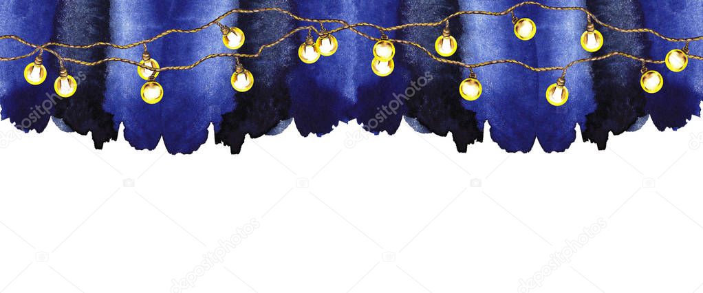 Seamless border of vintage garland with yellow electric lighting lamps on dark blue background. Watercolor hand painted isolated elements on white background. Christmas, New Year party design.