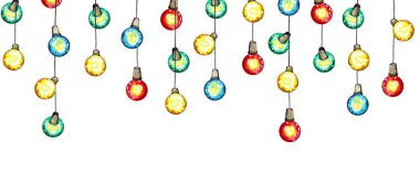 Renkli elektrik lambaları ile klasik çelenklerin kusursuz sınırı. Suluboya el, izole edilmiş elementleri beyaz arka plana boyamış. Noel iç tasarımı, kış dekorasyonu, parti sembolü..