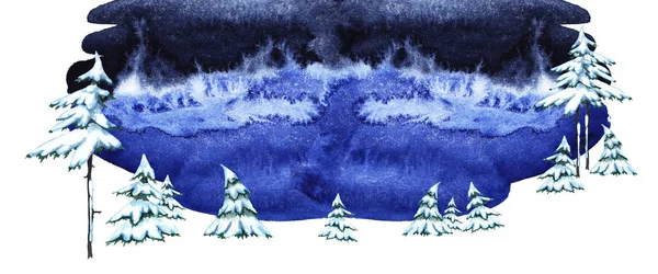 Panorama Mönster Mörkblå Himmel Och Snötäckta Spetsiga Granar Akvarell Handmålade — Stockfoto